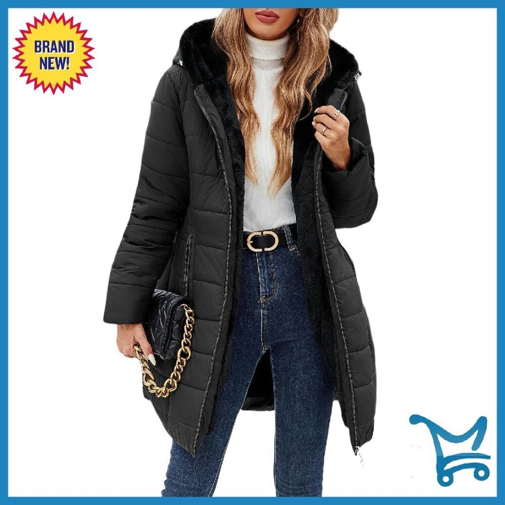 Women's Winter Fleece Lined Down Jacket Windproof Slim Fit Long Coat